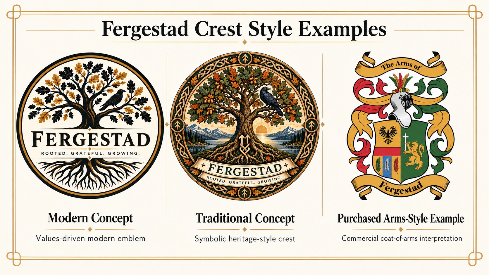 Three crest styles side by side: a modern emblem and a heritage roundel with an oak tree and a raven and the words Rooted. Grateful. Growing., and a purchased surname coat of arms