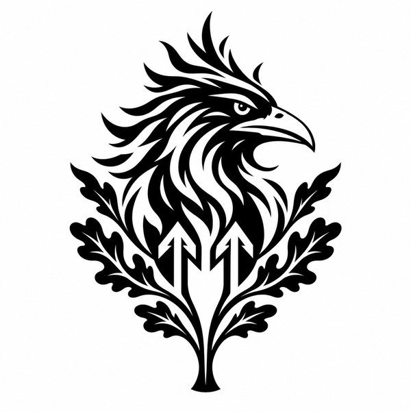 Black and white family mark: a bird's head that is part eagle and part raven, oak leaves, and two upward arrows